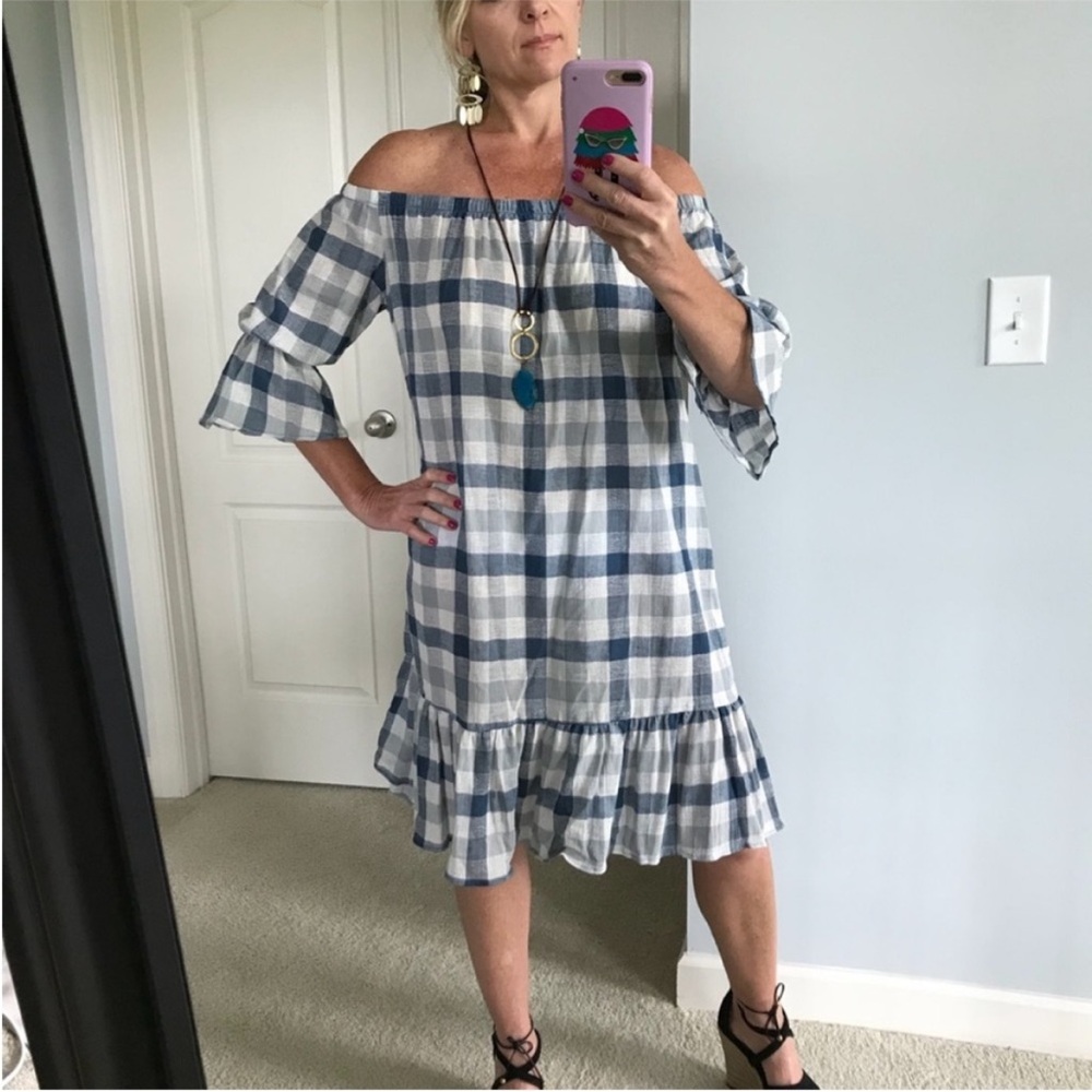 Blue and White Ruffled Off-Shoulder Midi Sundress